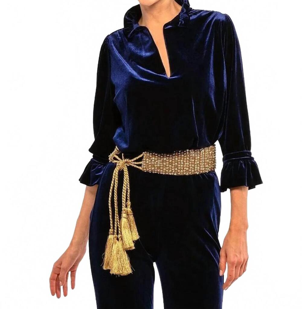 NEW GRETCHEN SCOTT ruffle neck tunic top in silky velvet navy